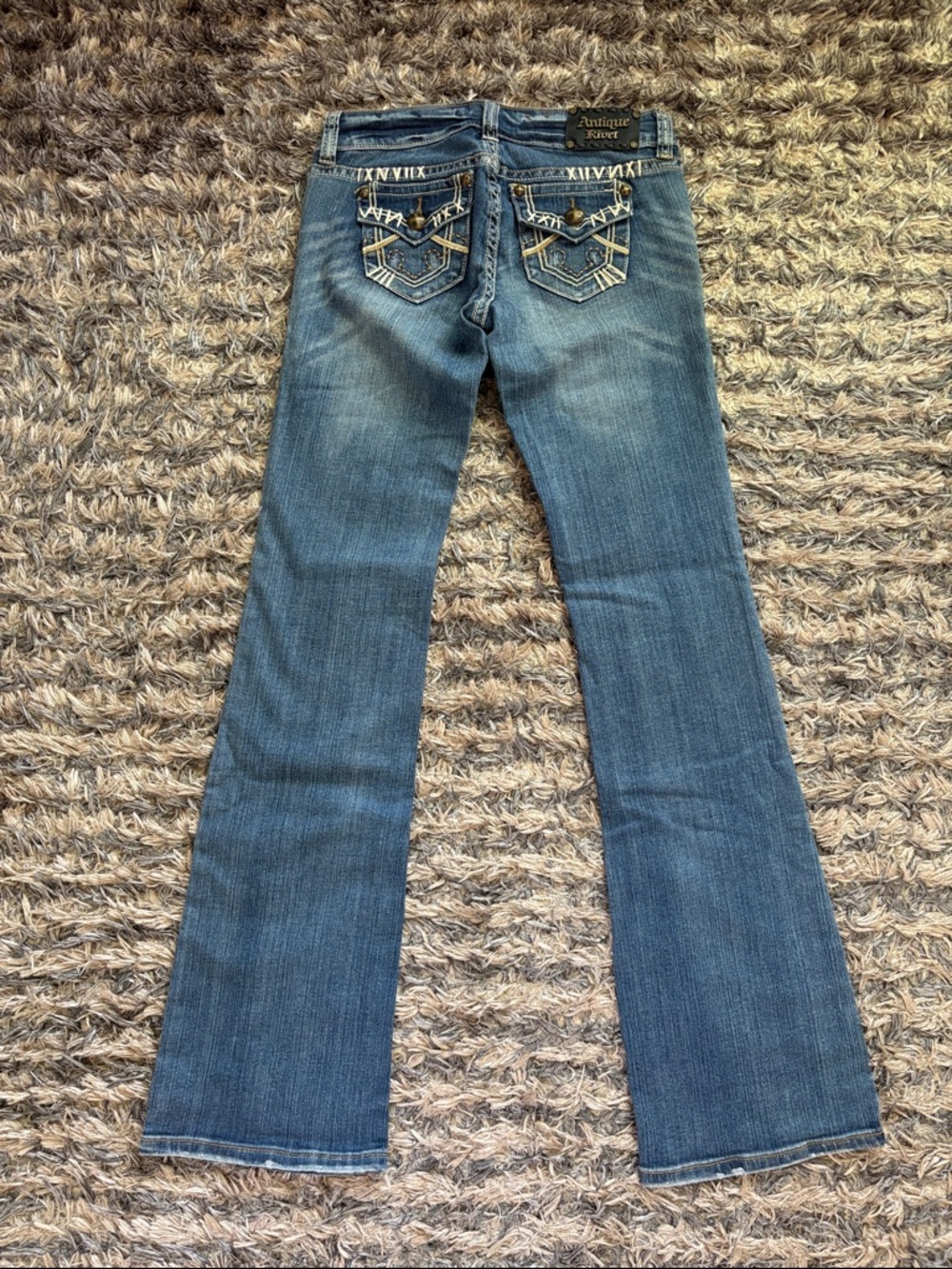 Antique Rivet Low-Rise Cotton Blue Flare Jeans with Subtle Distress - Picture 2 of 12